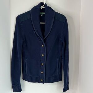 Lauren Ralph Lauren Shawl Nautical Blue Cardigan Elbow Patch Women Sweater Sz S